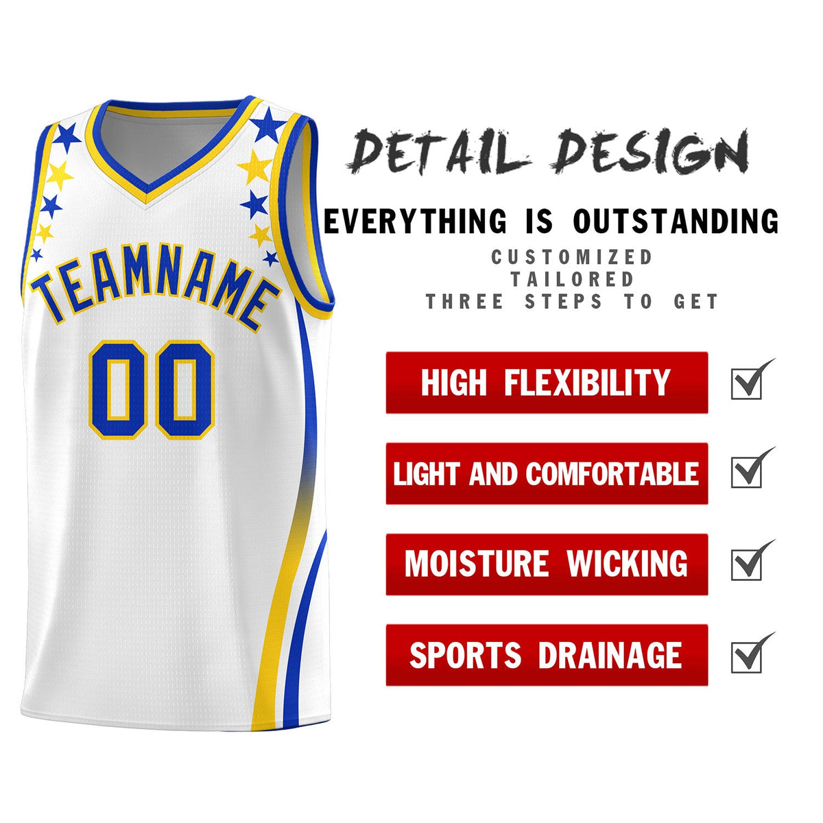 Custom White Shoulders Star Pattern Side Color Block Sports Uniform Basketball Jersey