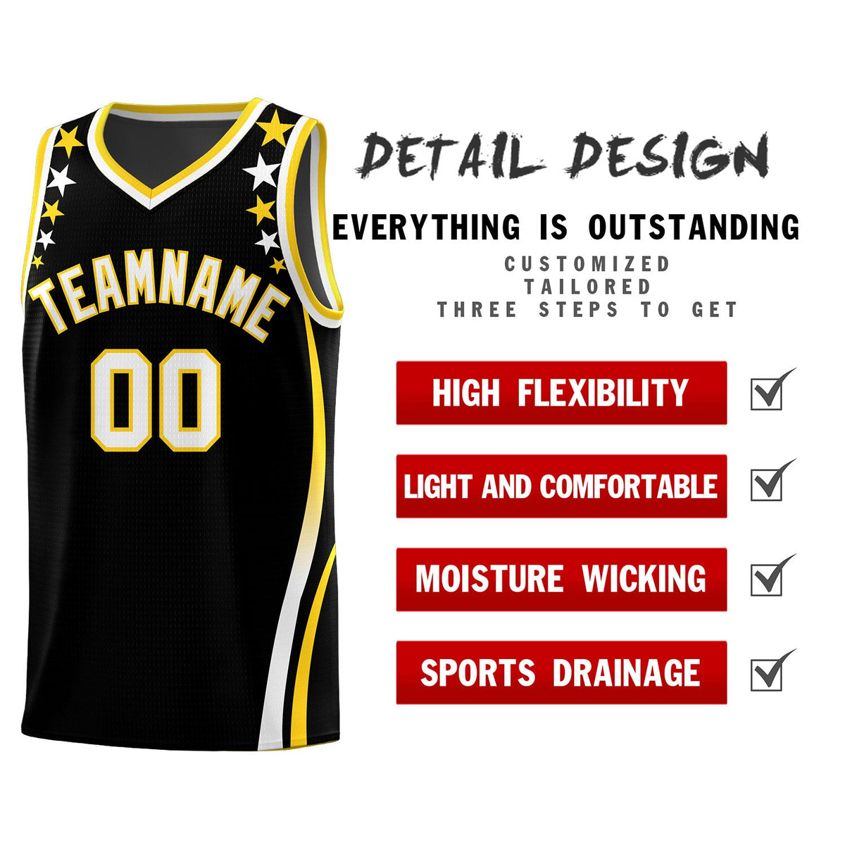 Custom Black Shoulders Star Pattern Side Color Block Sports Uniform Basketball Jersey