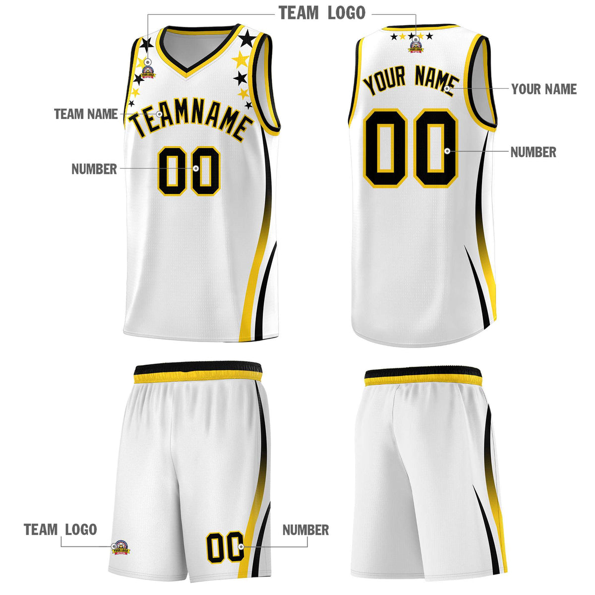 Custom White Shoulders Star Pattern Side Color Block Sports Uniform Basketball Jersey