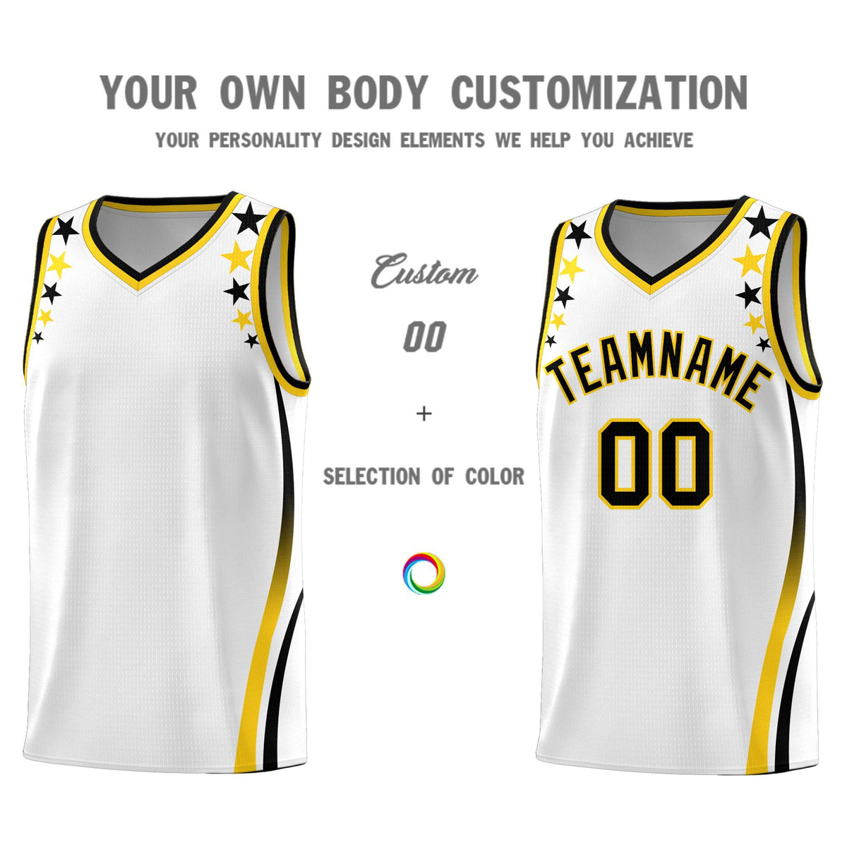 Custom White Shoulders Star Pattern Side Color Block Sports Uniform Basketball Jersey