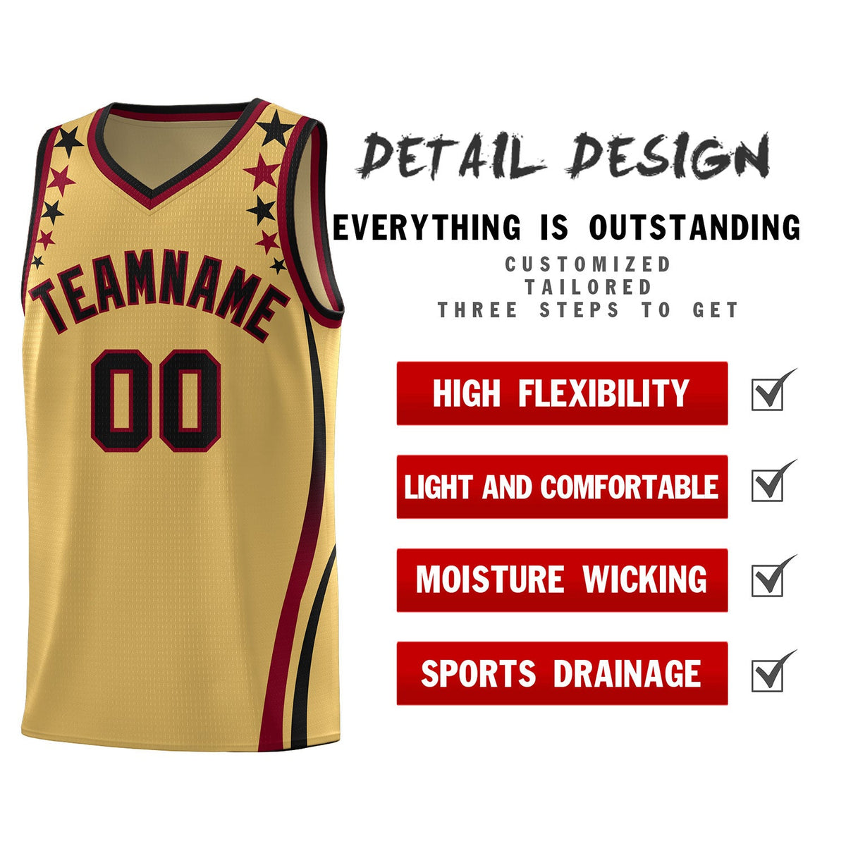 Custom Old Gold Shoulders Star Pattern Side Color Block Sports Uniform Basketball Jersey
