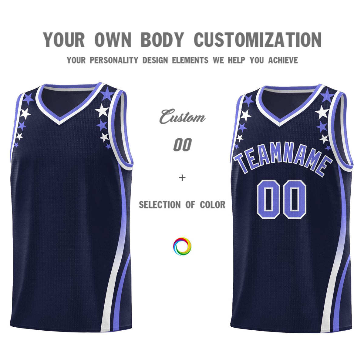 Custom Navy Shoulders Star Pattern Side Color Block Sports Uniform Basketball Jersey
