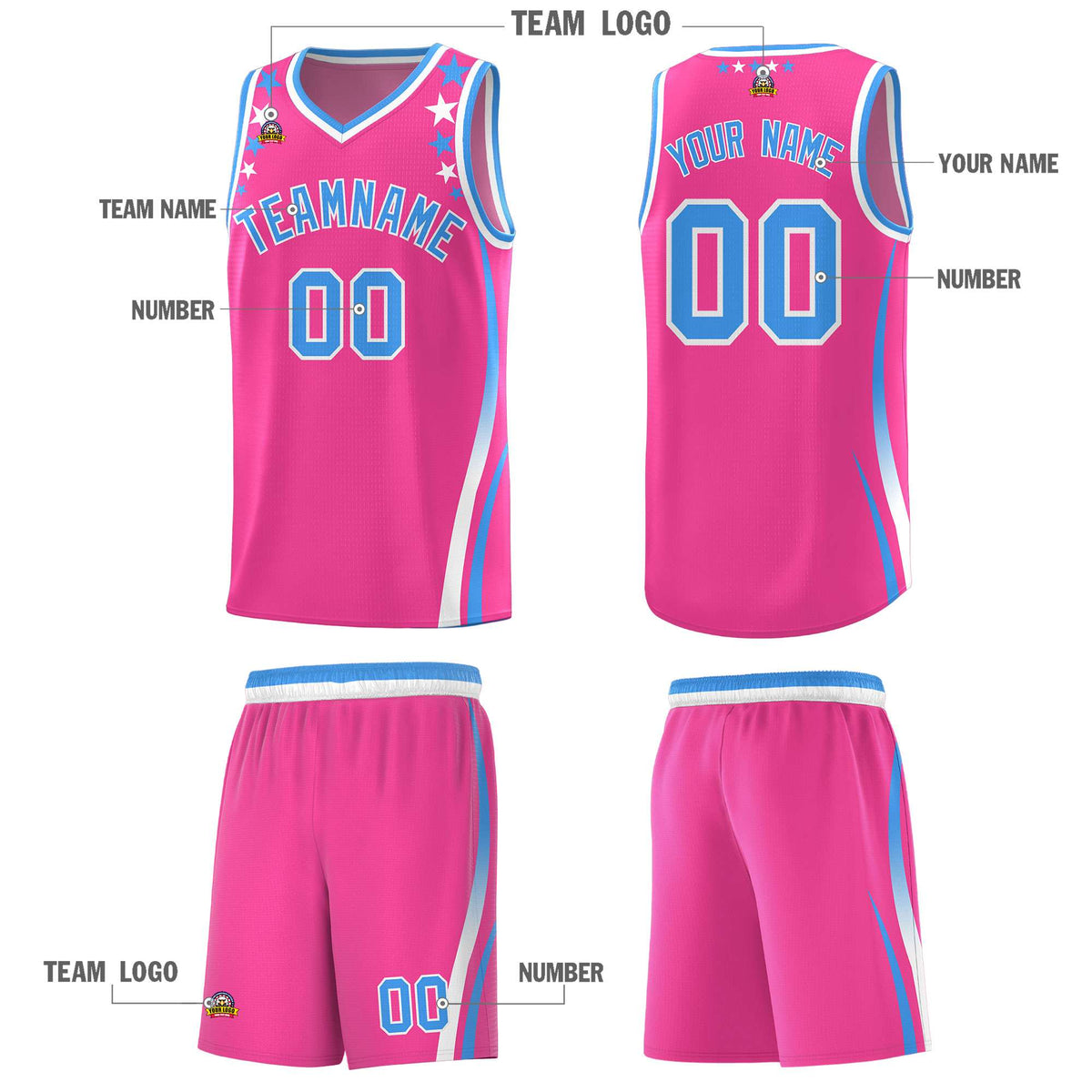 Custom Pink Shoulders Star Pattern Side Color Block Sports Uniform Basketball Jersey
