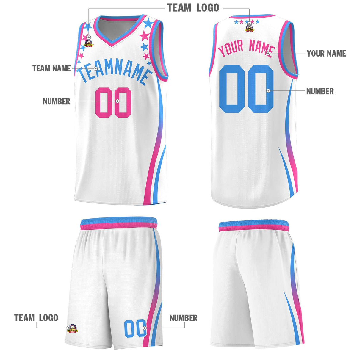 Custom White Shoulders Star Pattern Side Color Block Sports Uniform Basketball Jersey