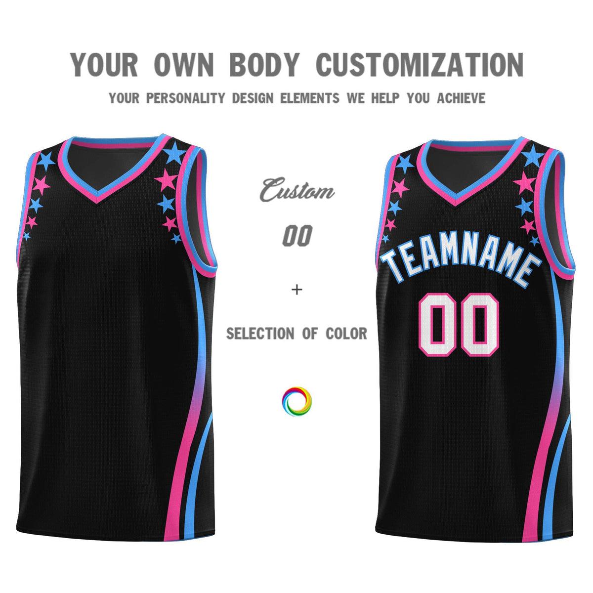 Custom Black Shoulders Star Pattern Side Color Block Sports Uniform Basketball Jersey
