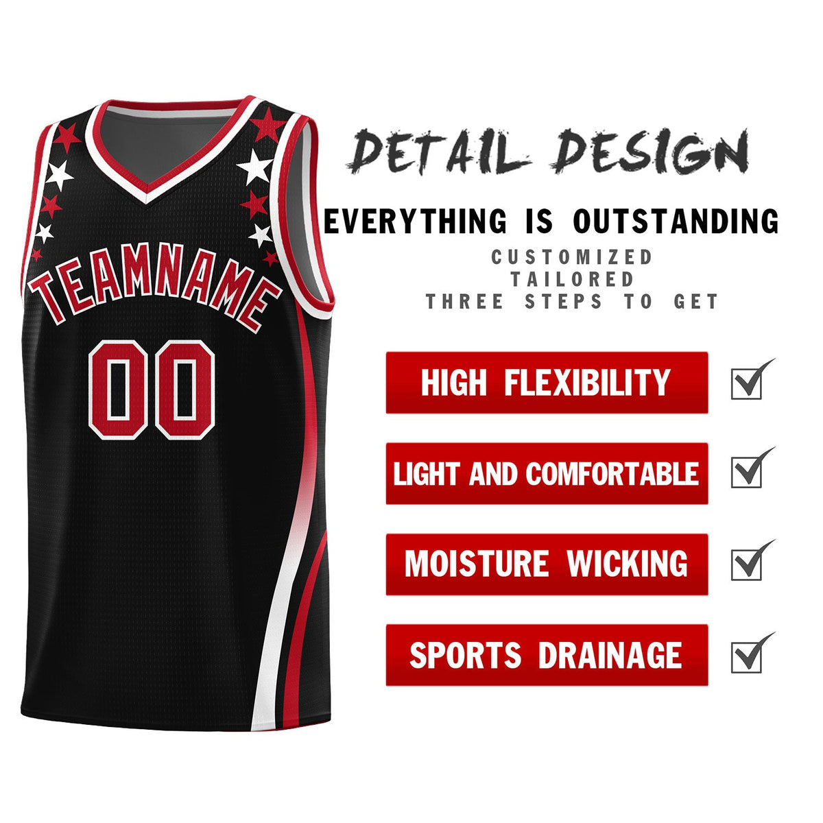 Custom Black Shoulders Star Pattern Side Color Block Sports Uniform Basketball Jersey