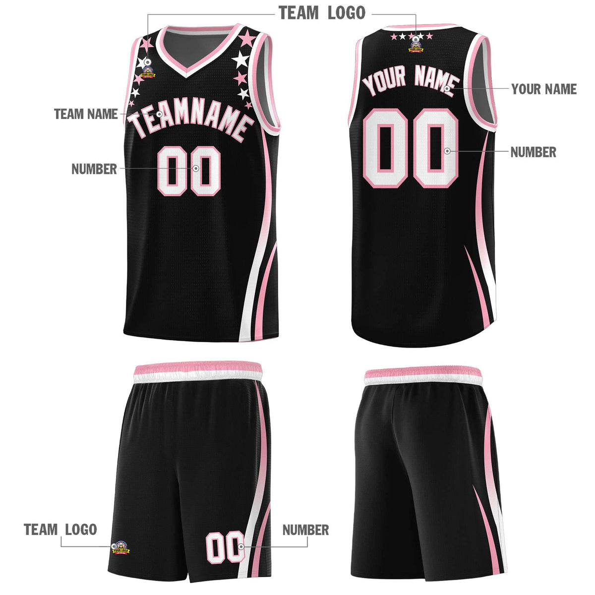 Custom Black Shoulders Star Pattern Side Color Block Sports Uniform Basketball Jersey
