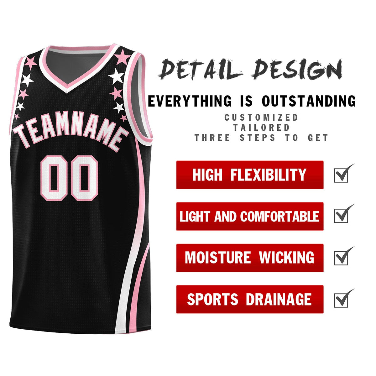 Custom Black Shoulders Star Pattern Side Color Block Sports Uniform Basketball Jersey