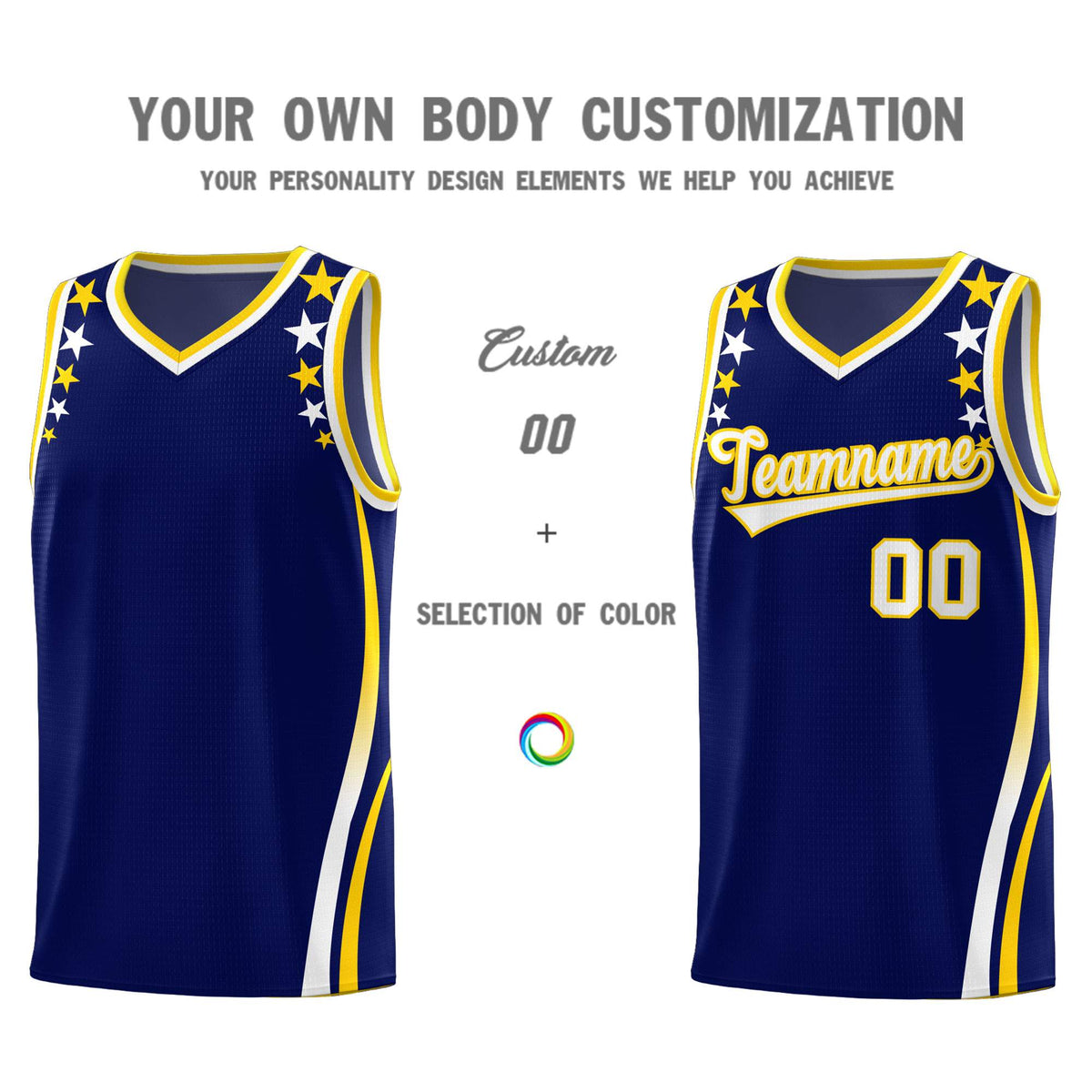 Custom Navy Shoulders Star Pattern Side Color Block Sports Uniform Basketball Jersey