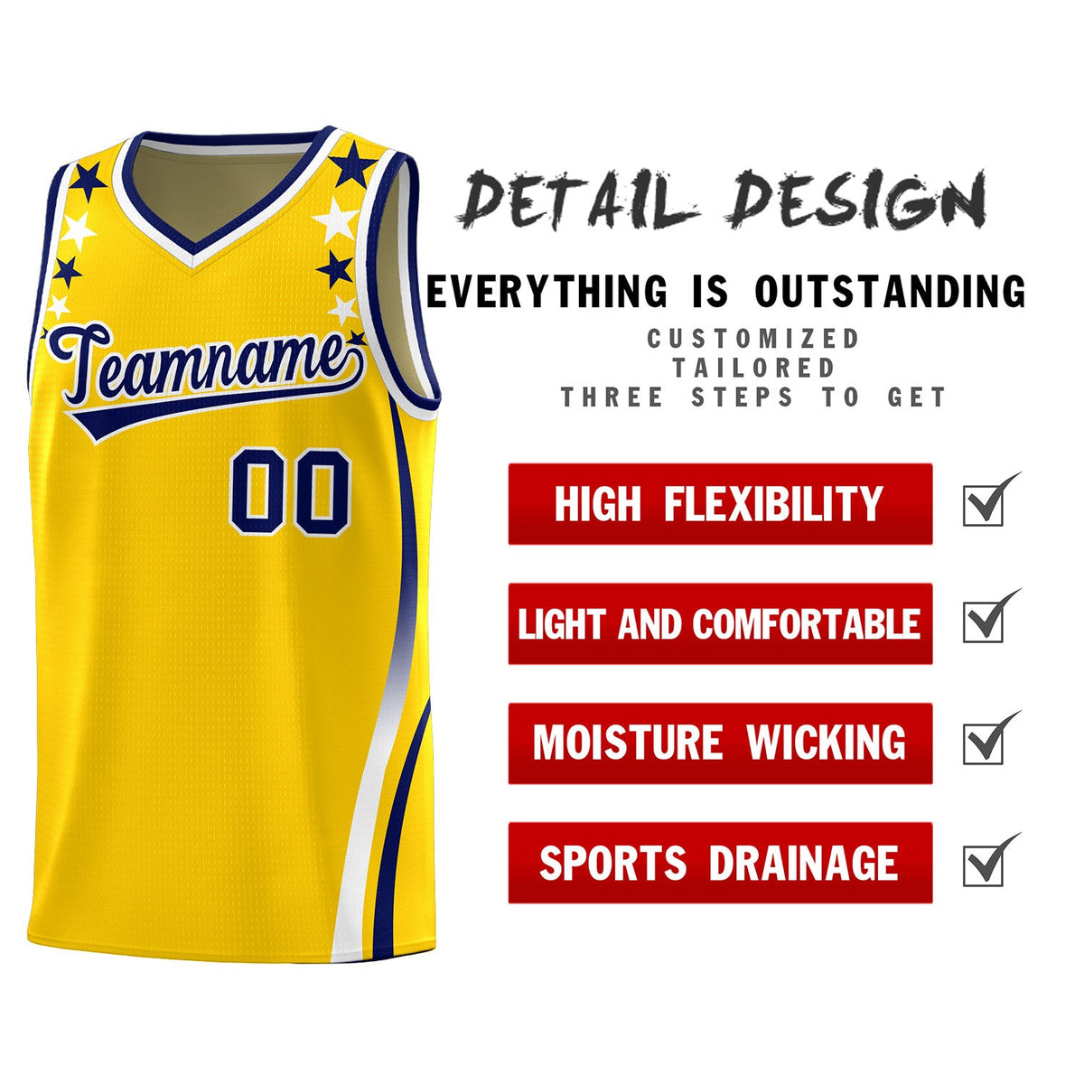 Custom Gold Shoulders Star Pattern Side Color Block Sports Uniform Basketball Jersey