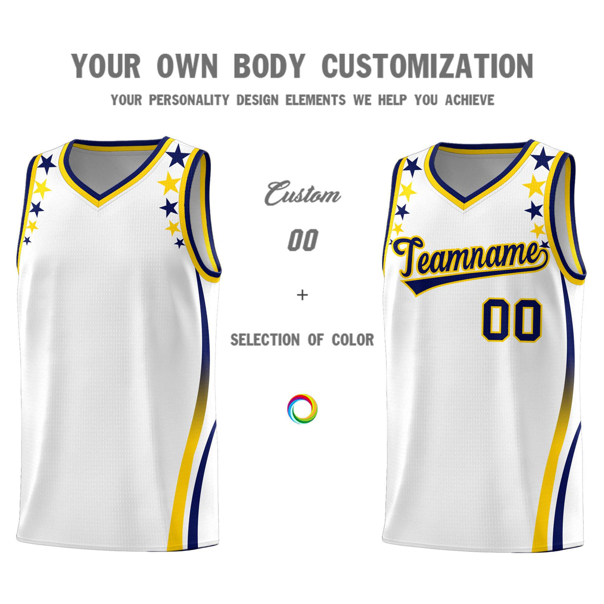 Custom White Shoulders Star Pattern Side Color Block Sports Uniform Basketball Jersey