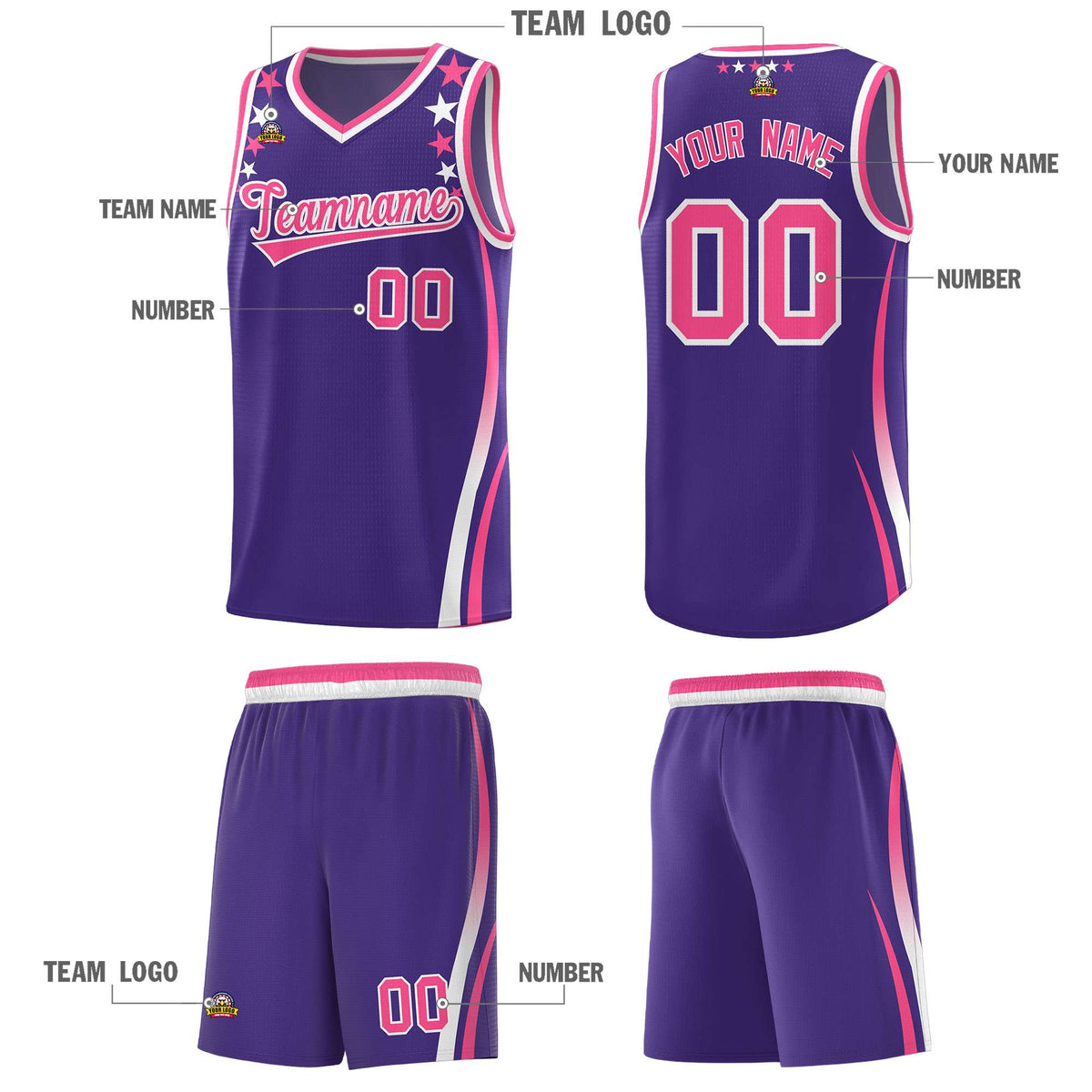 Custom Purple Shoulders Star Pattern Side Color Block Sports Uniform Basketball Jersey