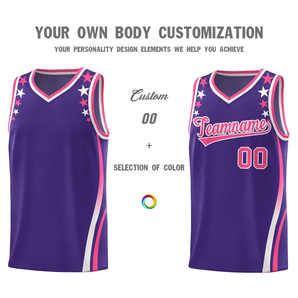 Custom Purple Shoulders Star Pattern Side Color Block Sports Uniform Basketball Jersey