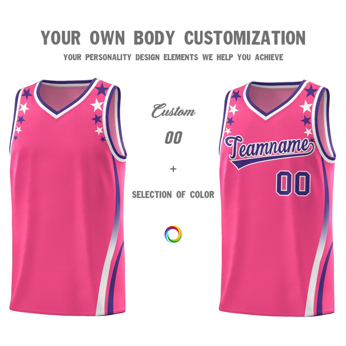 Custom Pink Shoulders Star Pattern Side Color Block Sports Uniform Basketball Jersey