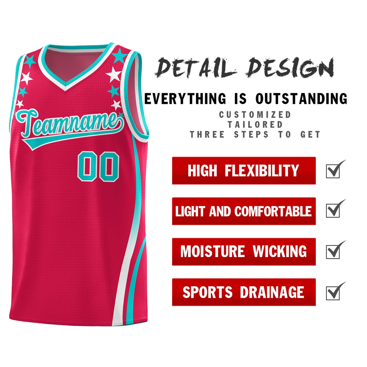 Custom Red Shoulders Star Pattern Side Color Block Sports Uniform Basketball Jersey