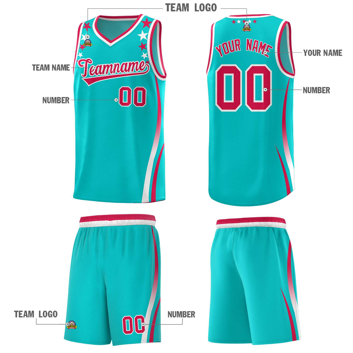 Custom Sky Blue Shoulders Star Pattern Side Color Block Sports Uniform Basketball Jersey