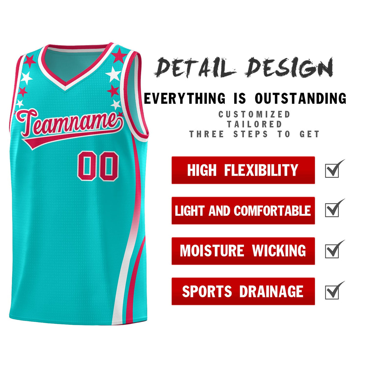 Custom Sky Blue Shoulders Star Pattern Side Color Block Sports Uniform Basketball Jersey