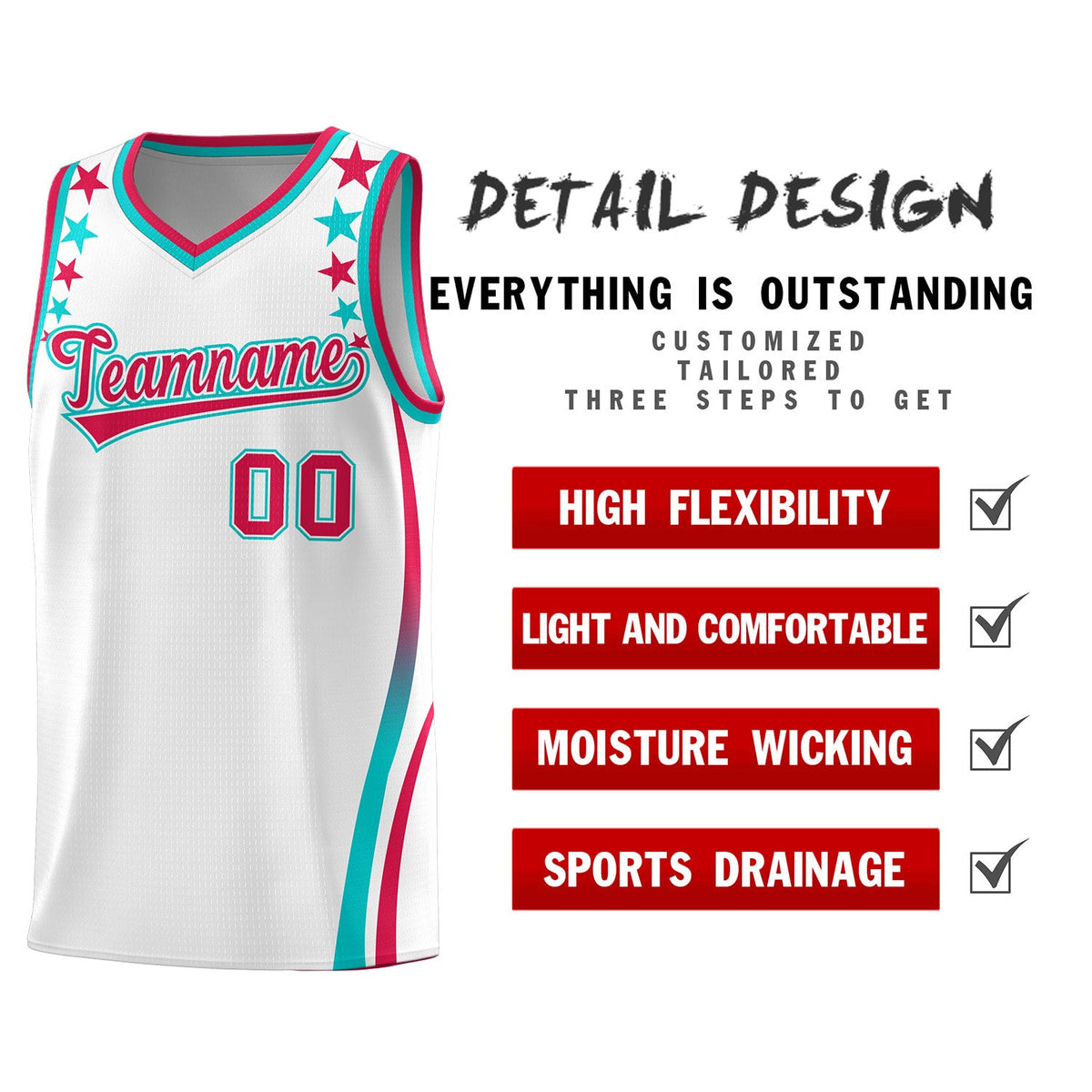 Custom White Shoulders Star Pattern Side Color Block Sports Uniform Basketball Jersey