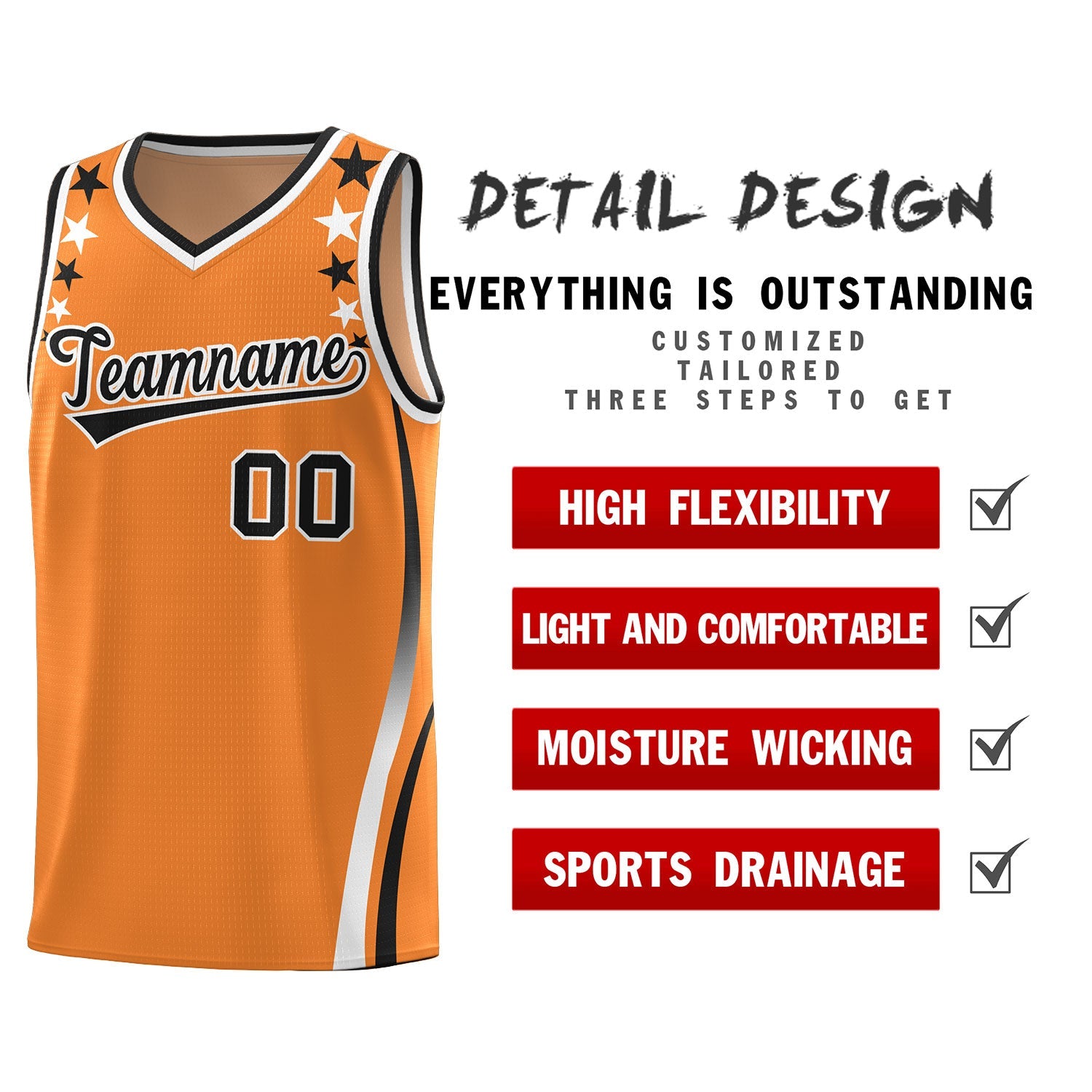 Custom Orange Shoulders Star Pattern Side Color Block Sports Uniform Basketball Jersey