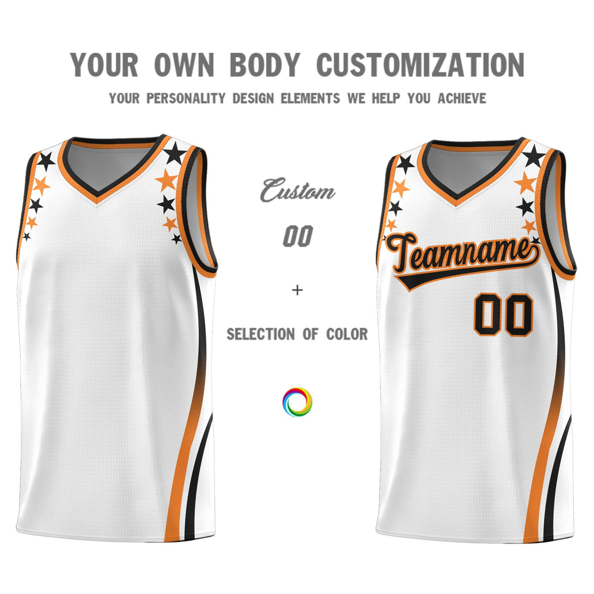 Custom White Shoulders Star Pattern Side Color Block Sports Uniform Basketball Jersey