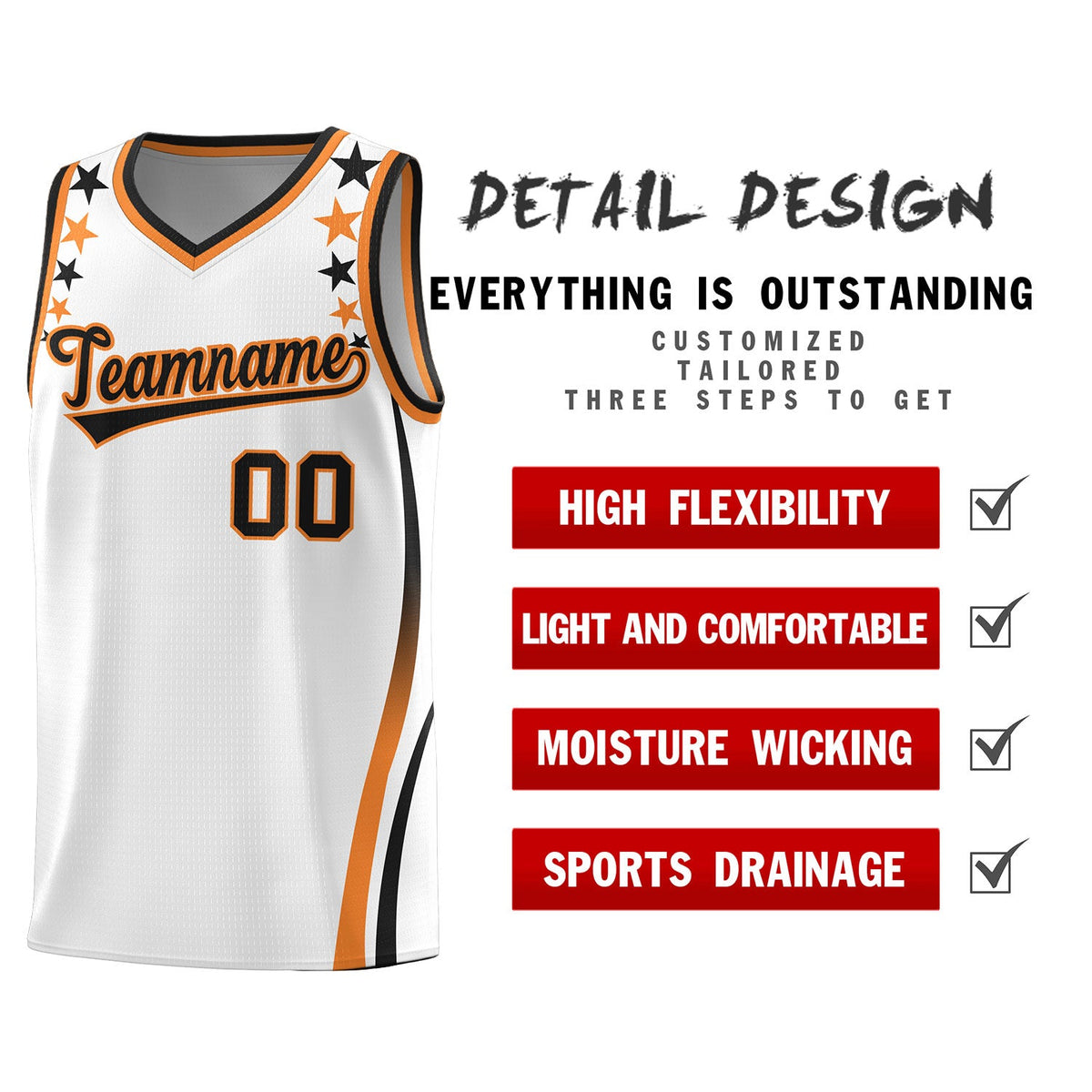 Custom White Shoulders Star Pattern Side Color Block Sports Uniform Basketball Jersey