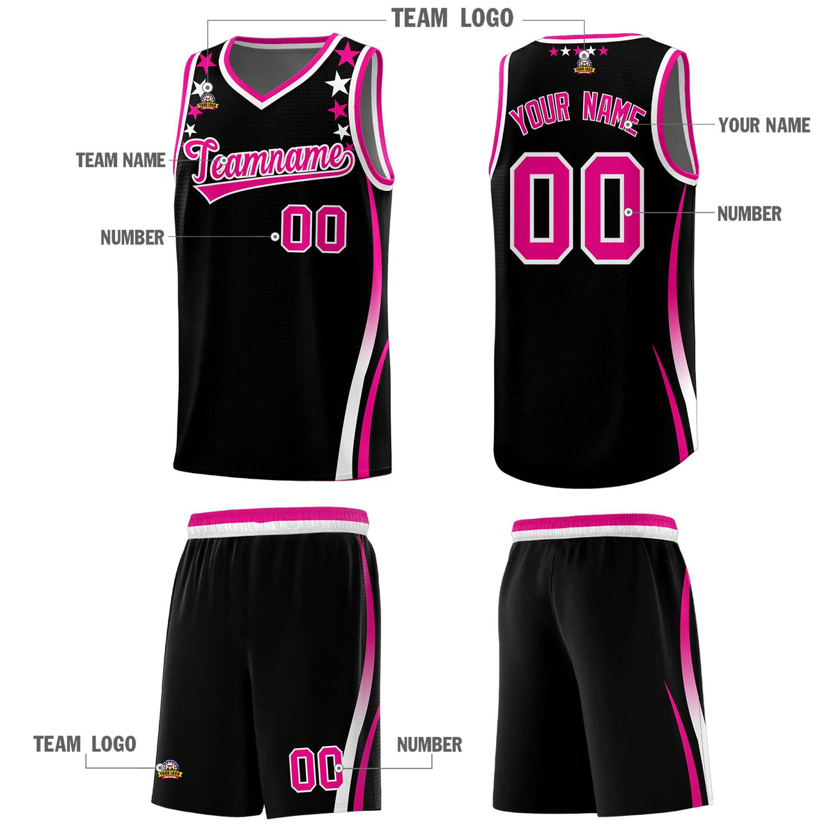 Custom Black Shoulders Star Pattern Side Color Block Sports Uniform Basketball Jersey
