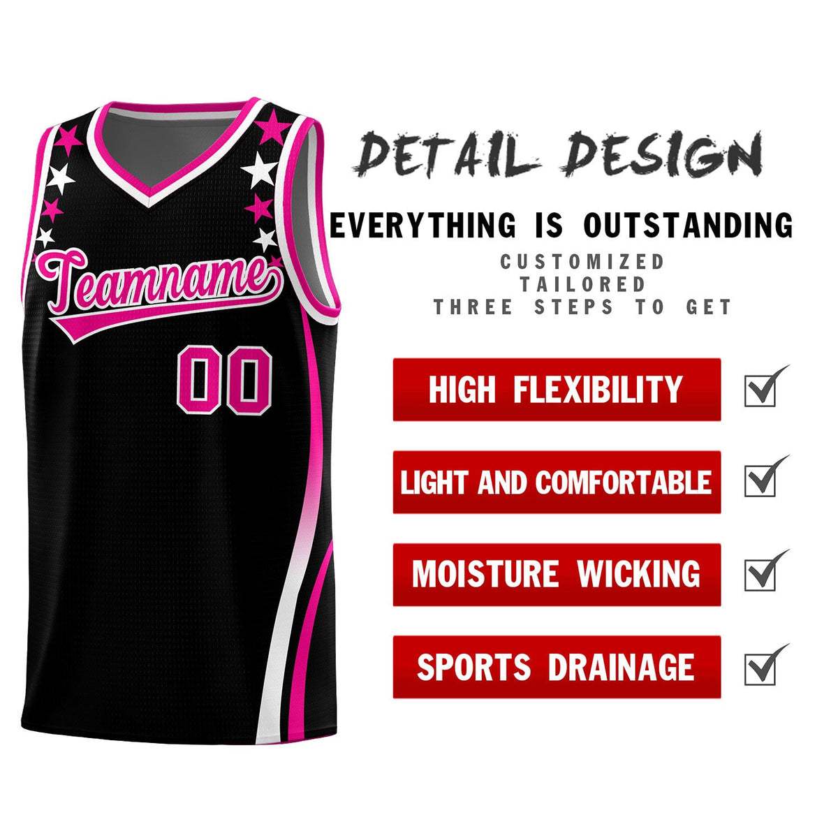 Custom Black Shoulders Star Pattern Side Color Block Sports Uniform Basketball Jersey