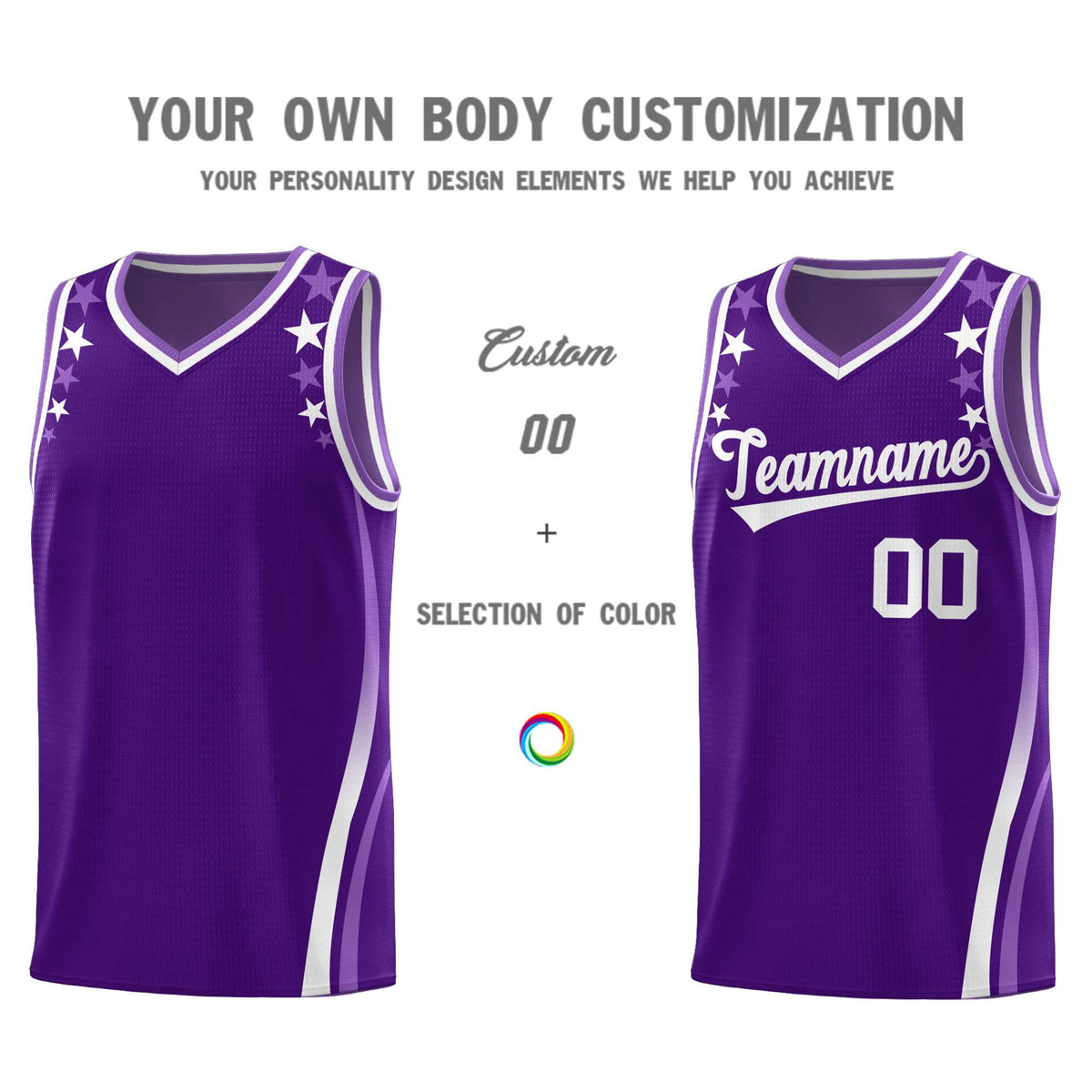 Custom Purple Shoulders Star Pattern Side Color Block Sports Uniform Basketball Jersey