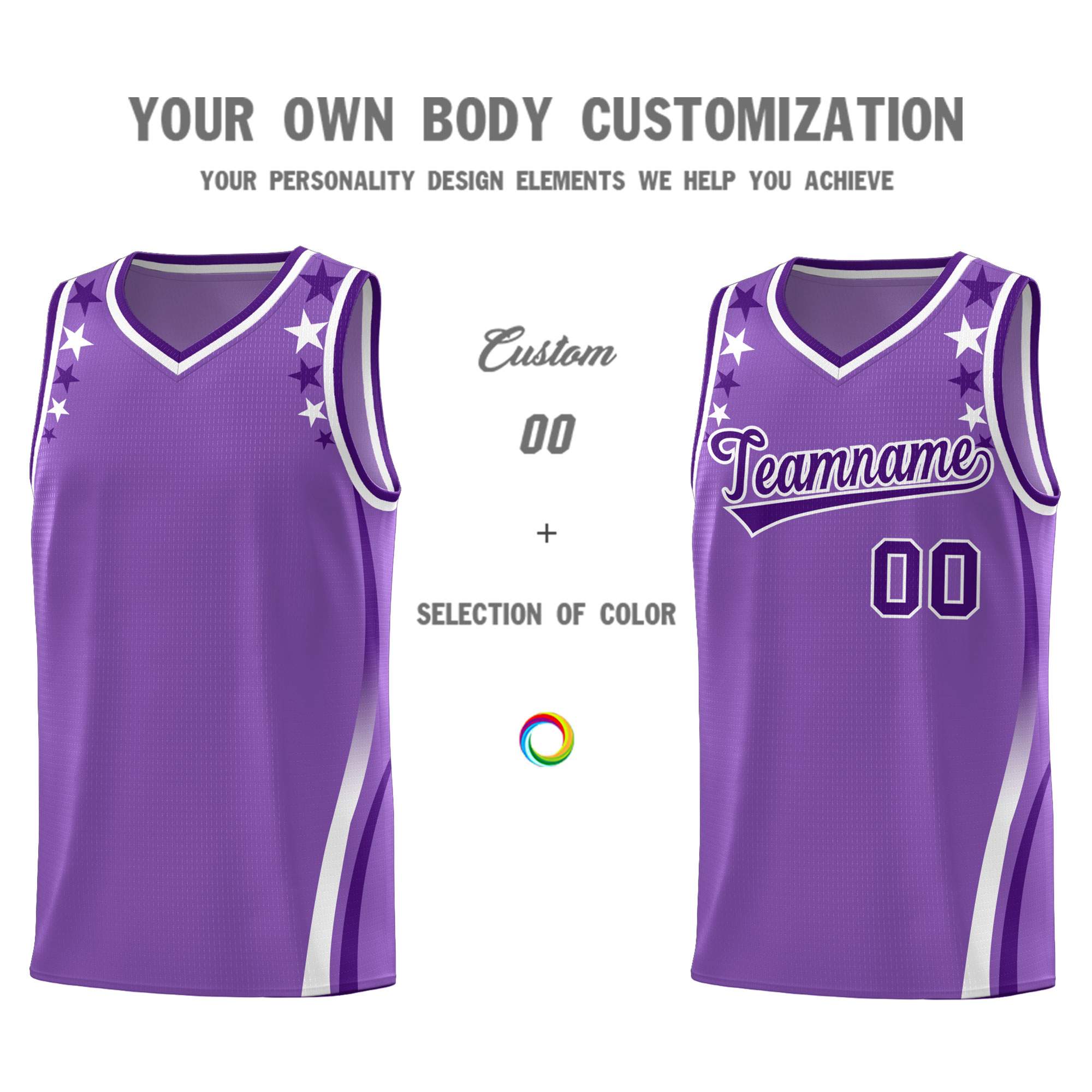 Custom Light Purple Shoulders Star Pattern Side Color Block Sports Uniform Basketball Jersey
