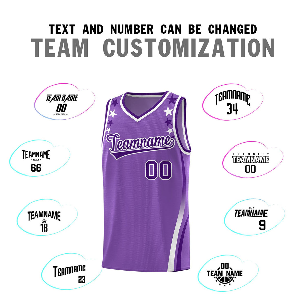 Custom Light Purple Shoulders Star Pattern Side Color Block Sports Uniform Basketball Jersey