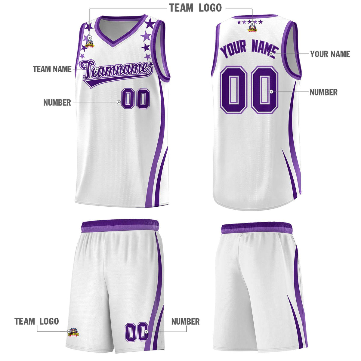 Custom White Shoulders Star Pattern Side Color Block Sports Uniform Basketball Jersey