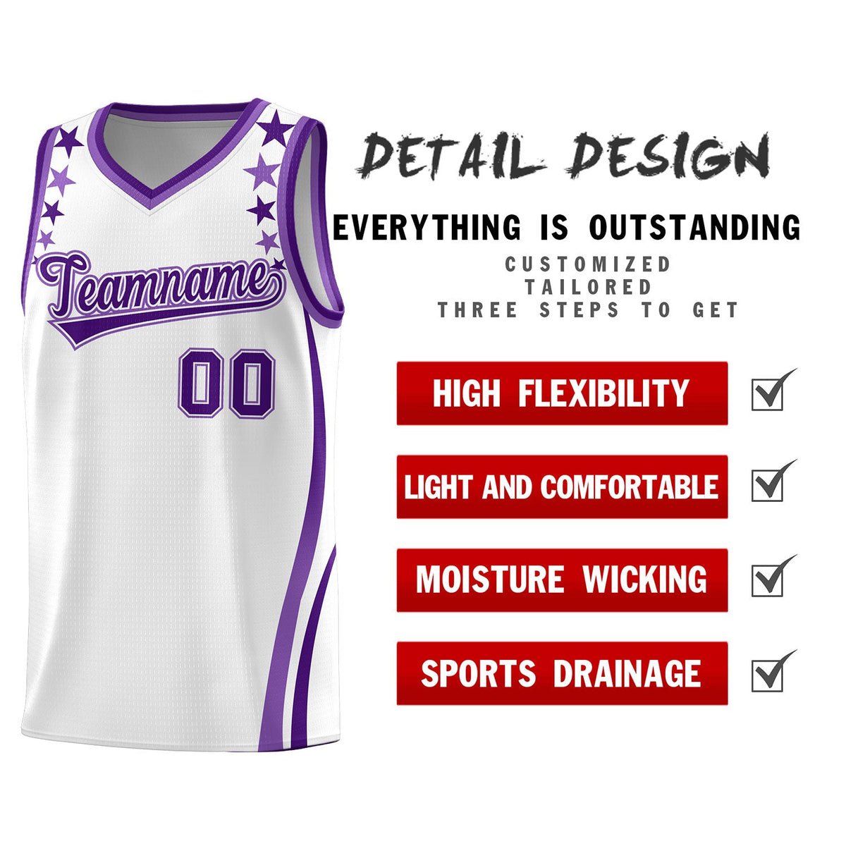 Custom White Shoulders Star Pattern Side Color Block Sports Uniform Basketball Jersey