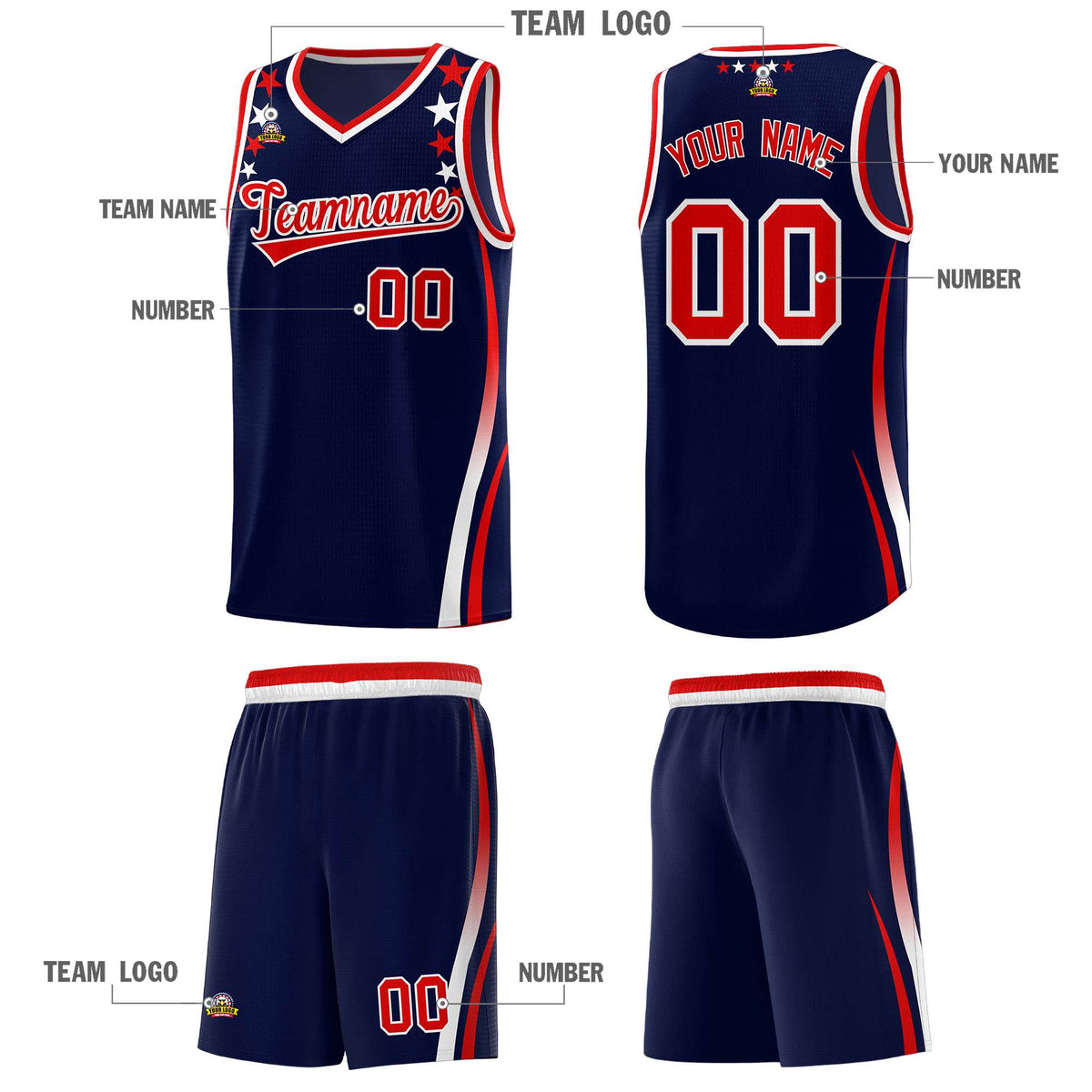 Custom Navy Shoulders Star Pattern Side Color Block Sports Uniform Basketball Jersey