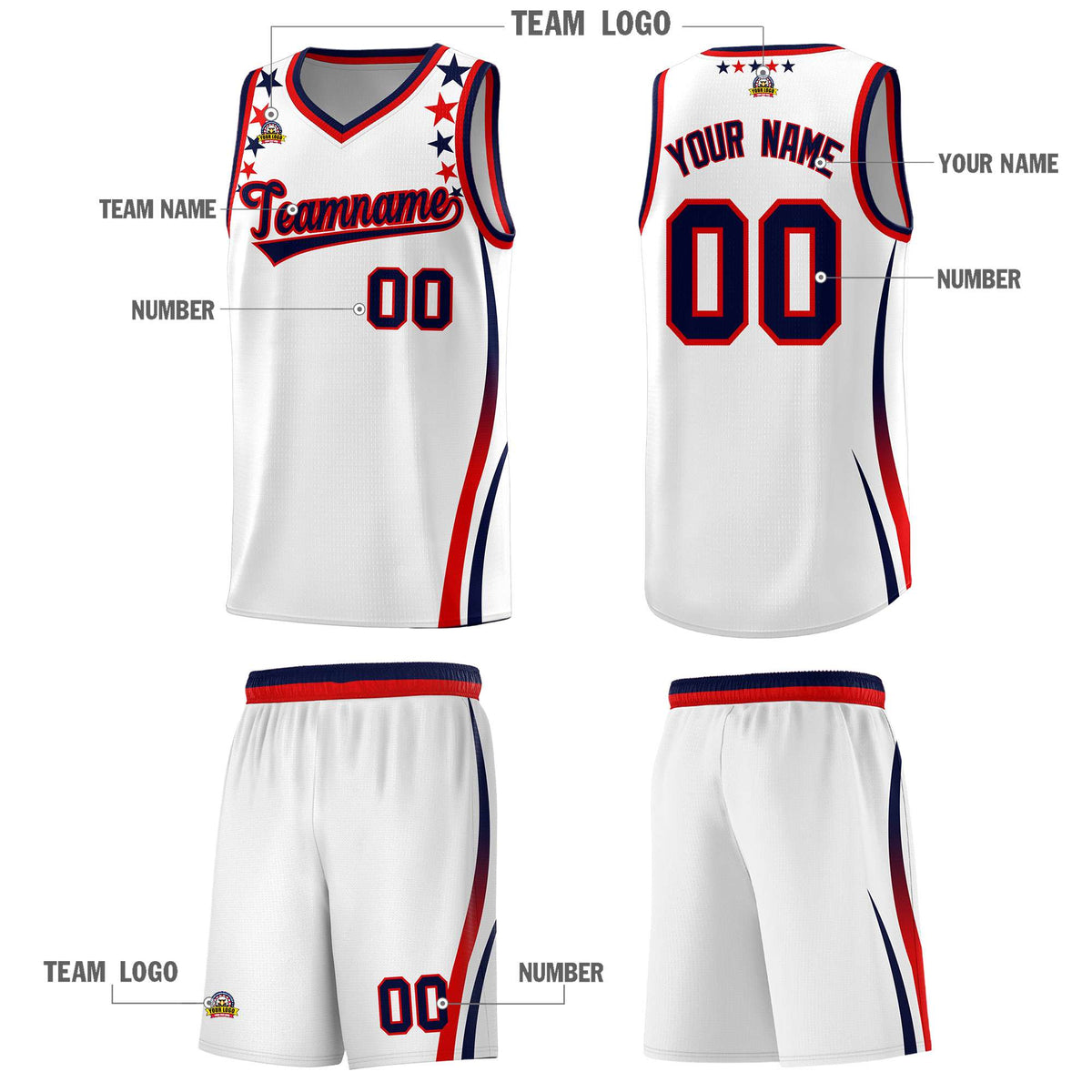 Custom White Shoulders Star Pattern Side Color Block Sports Uniform Basketball Jersey
