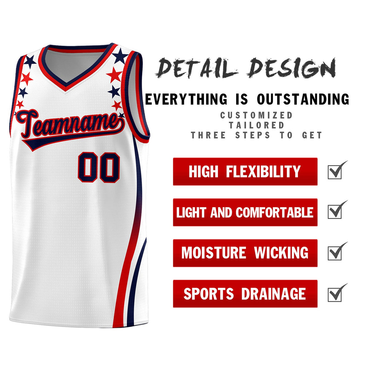 Custom White Shoulders Star Pattern Side Color Block Sports Uniform Basketball Jersey