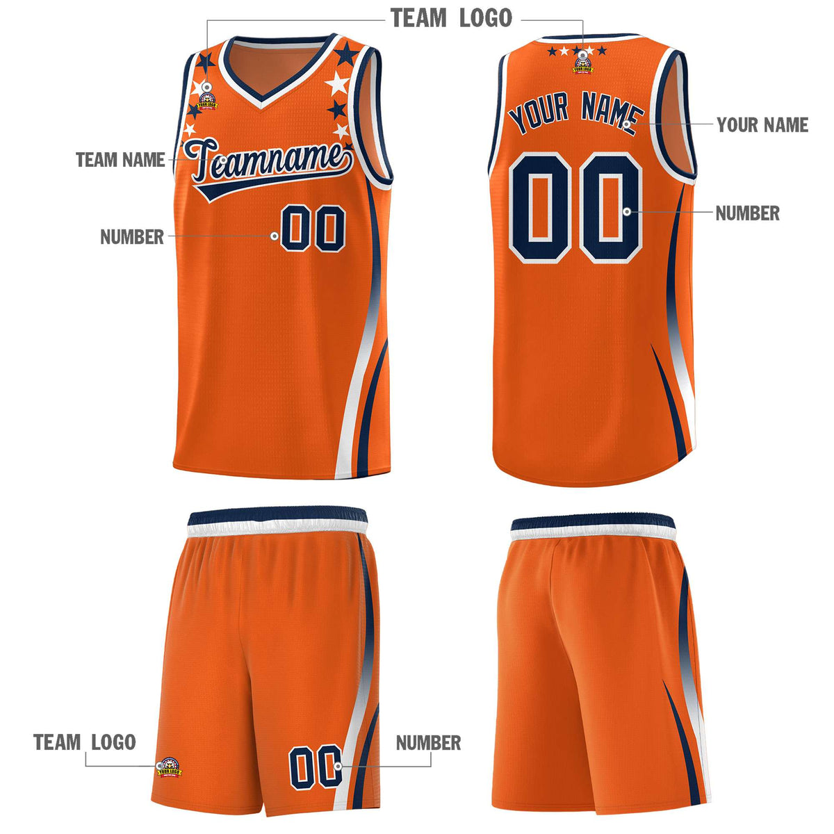 Custom Orange Shoulders Star Pattern Side Color Block Sports Uniform Basketball Jersey