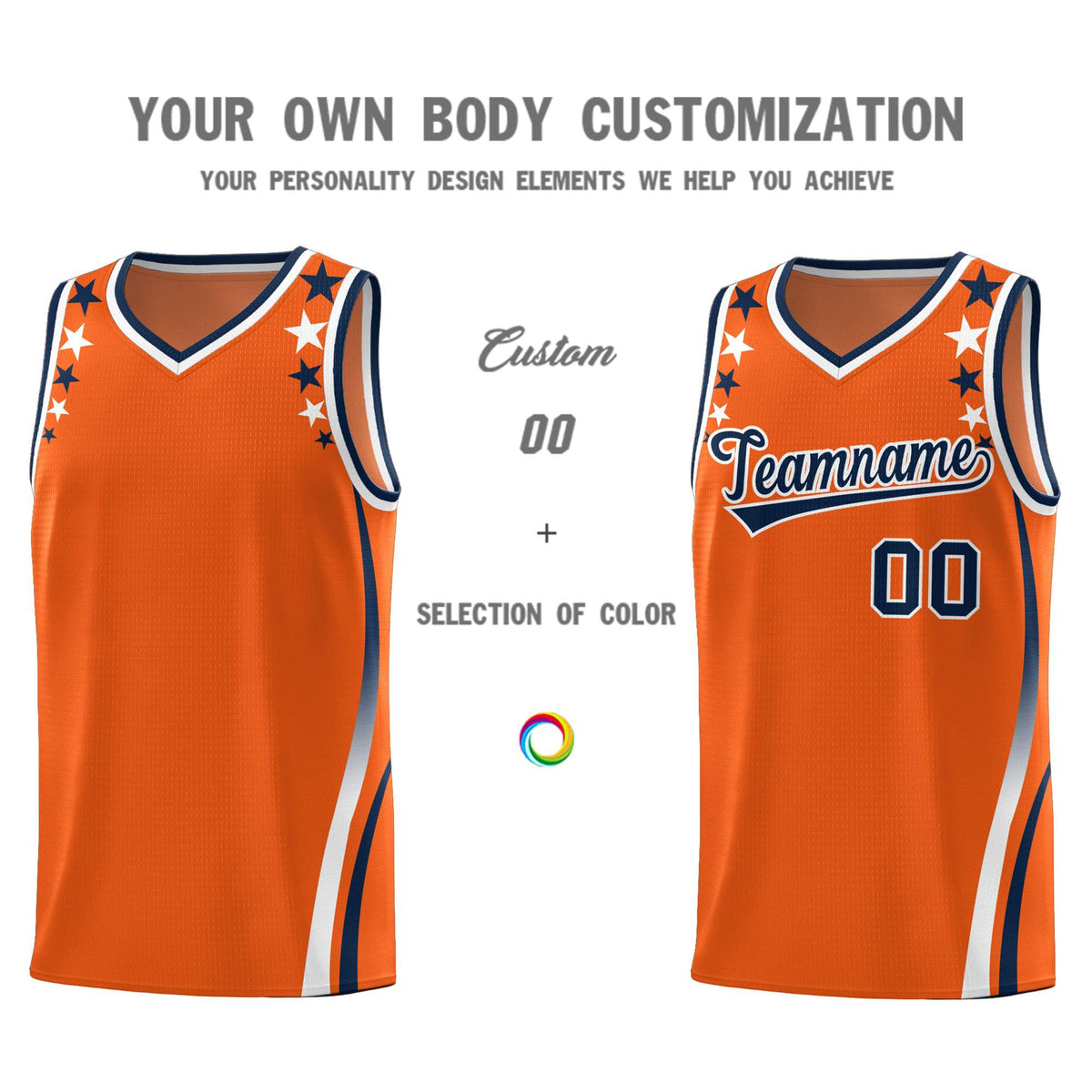 Custom Orange Shoulders Star Pattern Side Color Block Sports Uniform Basketball Jersey