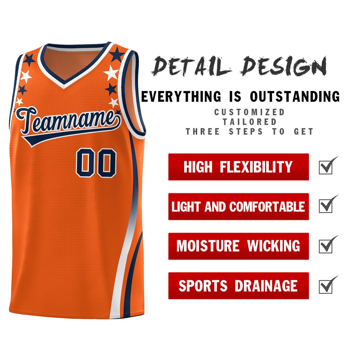 Custom Orange Shoulders Star Pattern Side Color Block Sports Uniform Basketball Jersey