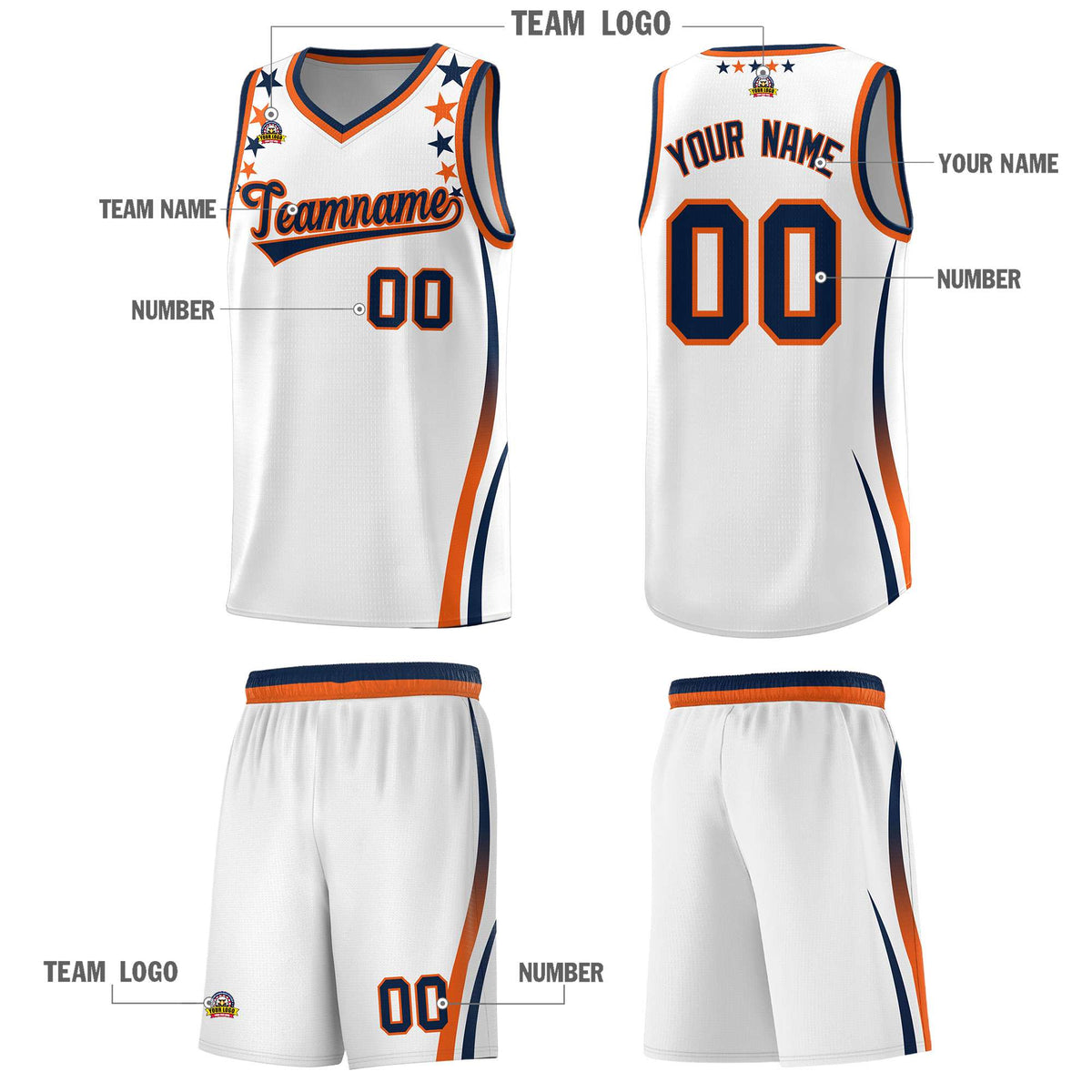 Custom White Shoulders Star Pattern Side Color Block Sports Uniform Basketball Jersey