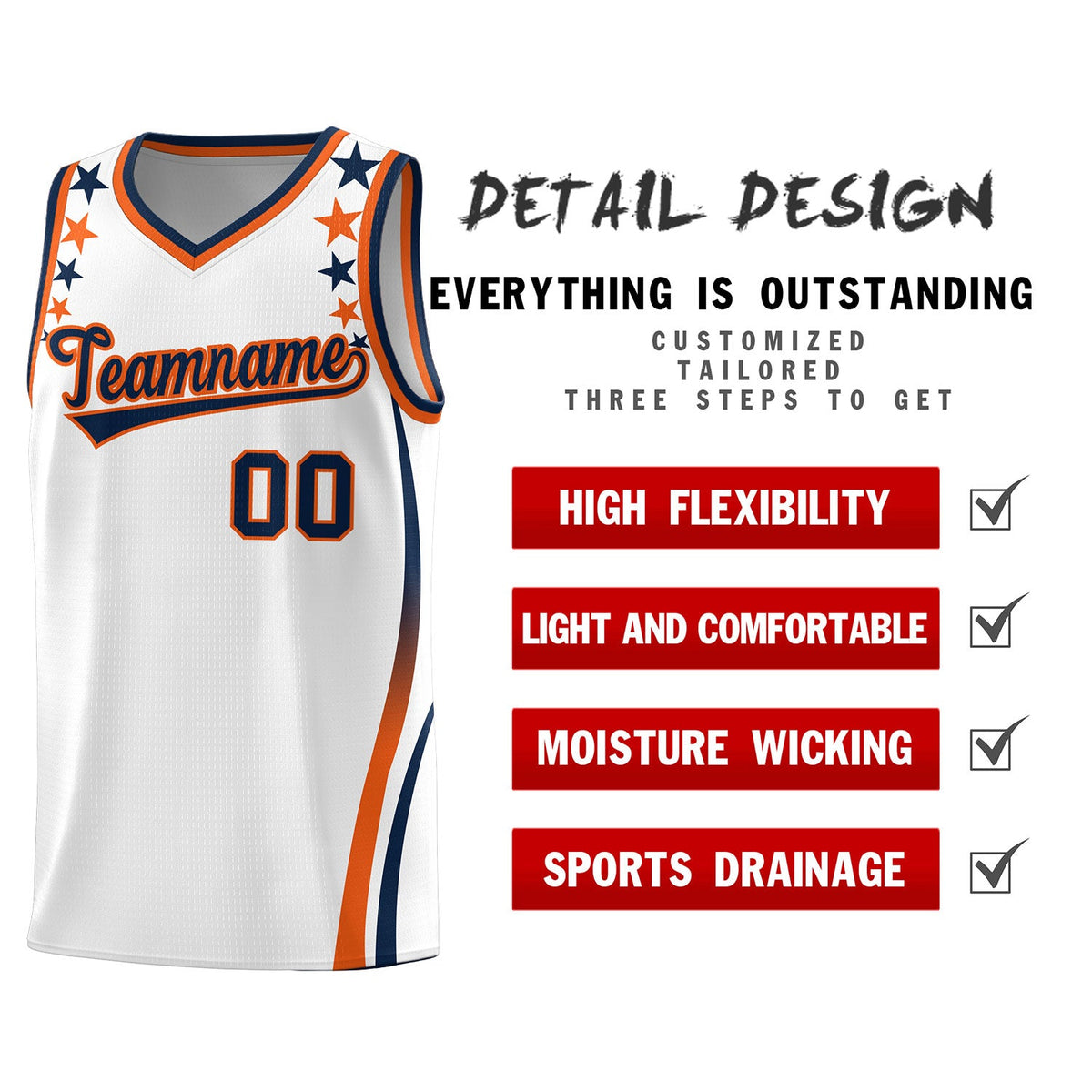 Custom White Shoulders Star Pattern Side Color Block Sports Uniform Basketball Jersey