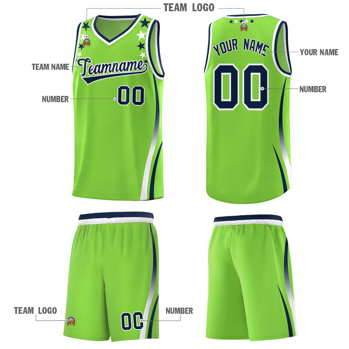 Custom Neon Green Shoulders Star Pattern Side Color Block Sports Uniform Basketball Jersey