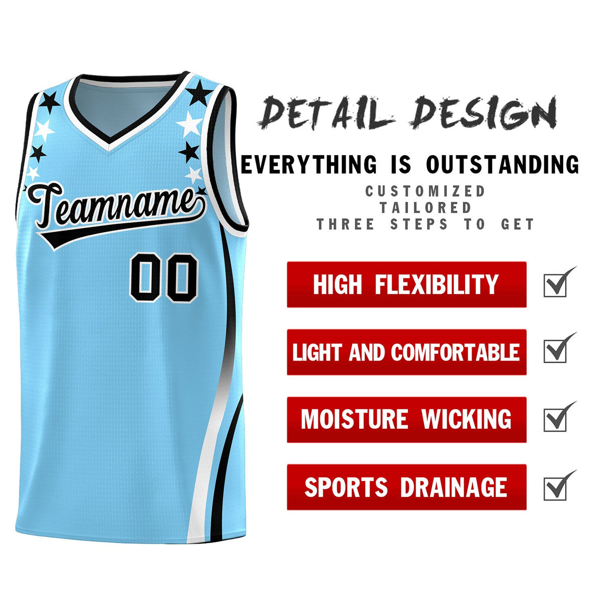 Custom Light Blue Shoulders Star Pattern Side Color Block Sports Uniform Basketball Jersey