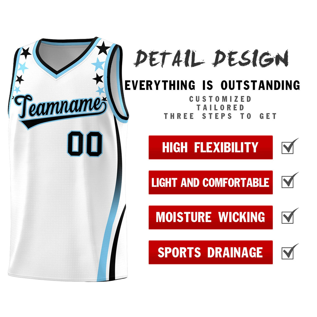 Custom White Shoulders Star Pattern Side Color Block Sports Uniform Basketball Jersey
