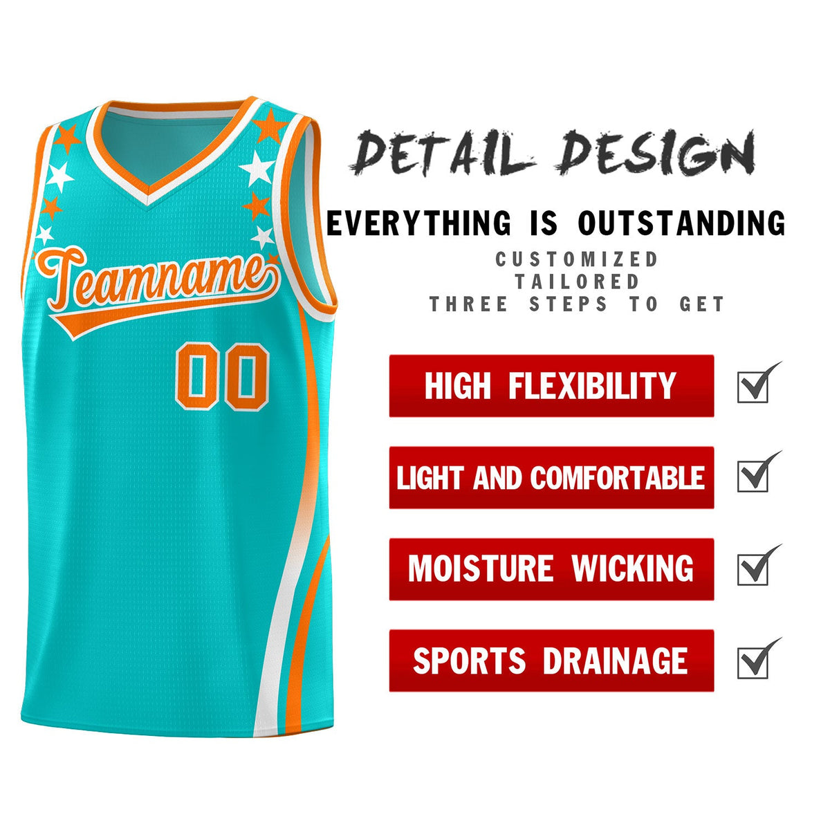 Custom Sky Blue Shoulders Star Pattern Side Color Block Sports Uniform Basketball Jersey