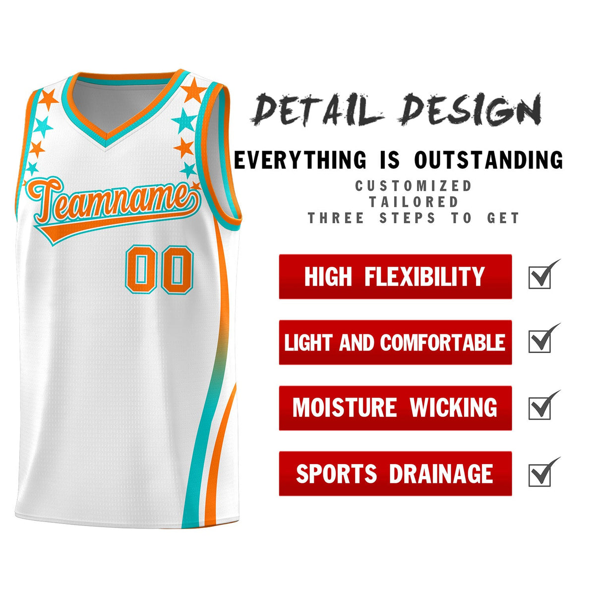 Custom White Shoulders Star Pattern Side Color Block Sports Uniform Basketball Jersey