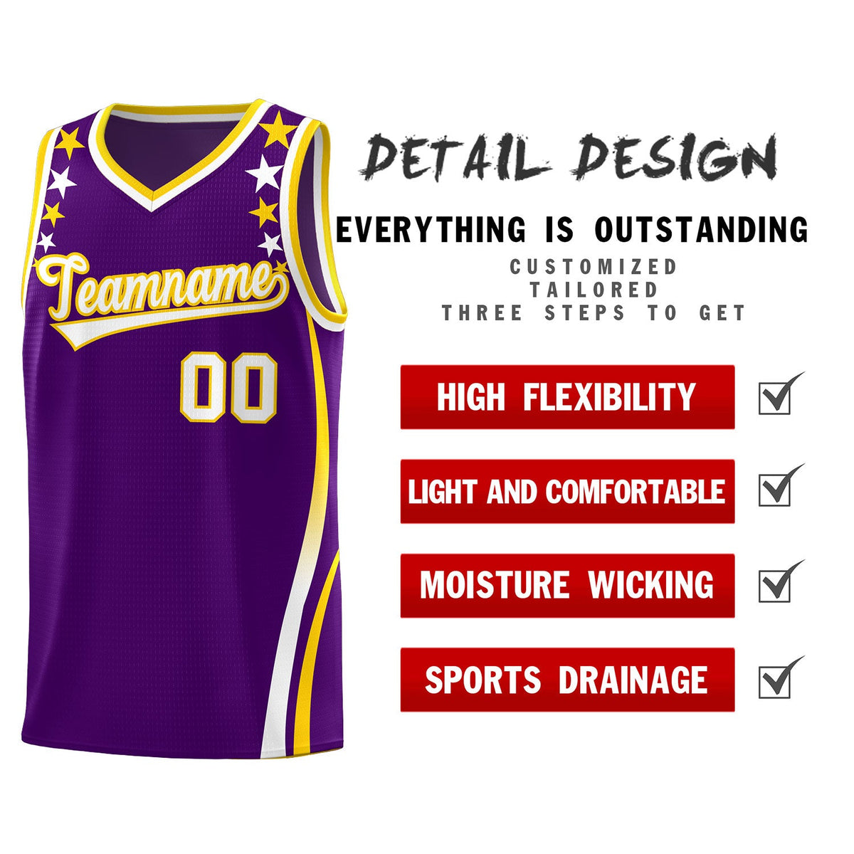 Custom Purple Shoulders Star Pattern Side Color Block Sports Uniform Basketball Jersey