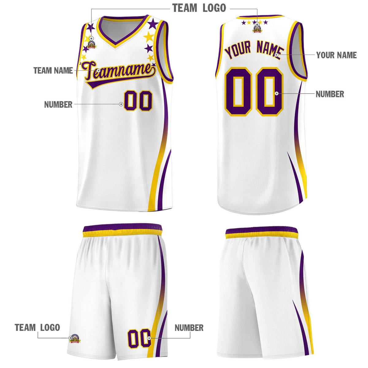 Custom White Shoulders Star Pattern Side Color Block Sports Uniform Basketball Jersey