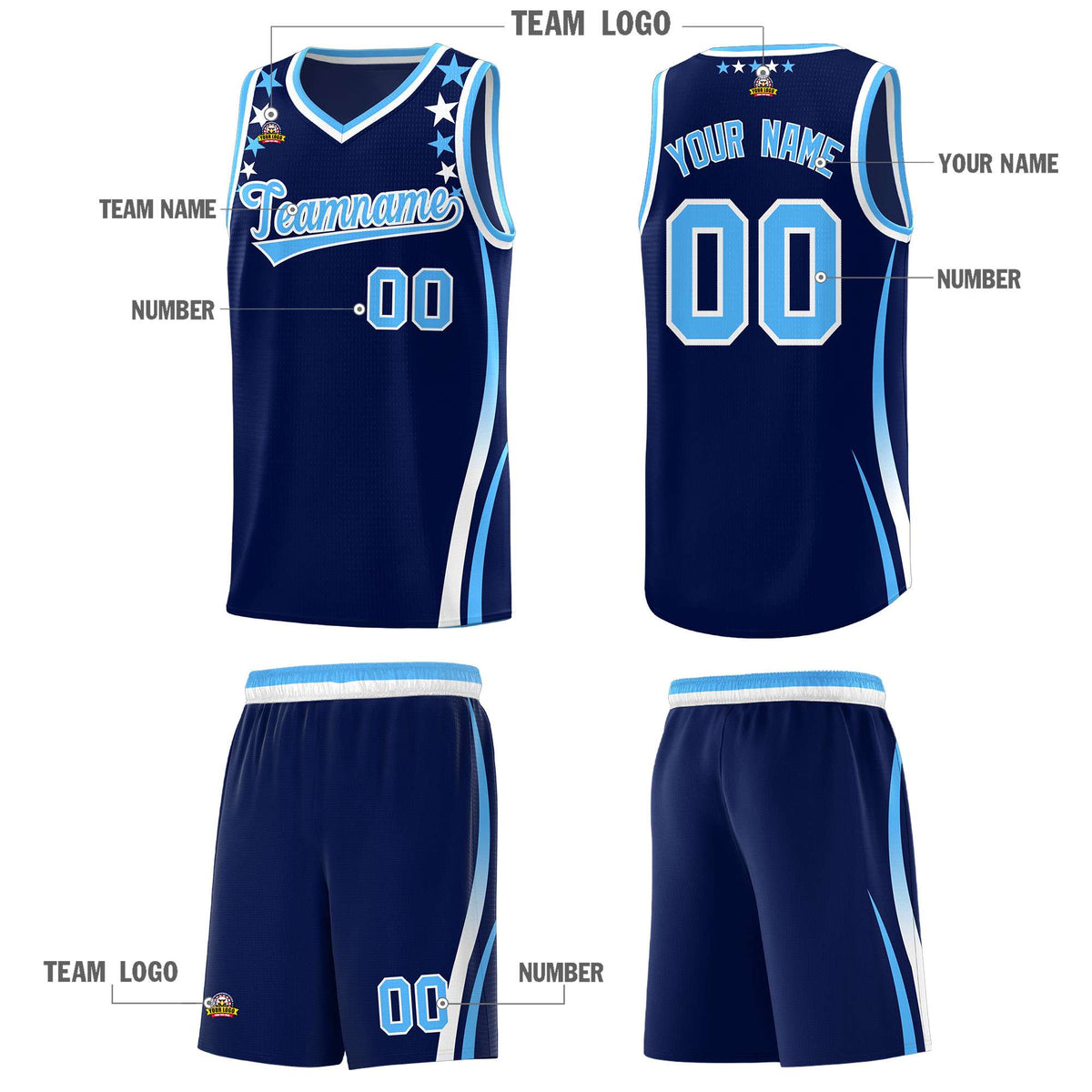 Custom Navy Shoulders Star Pattern Side Color Block Sports Uniform Basketball Jersey