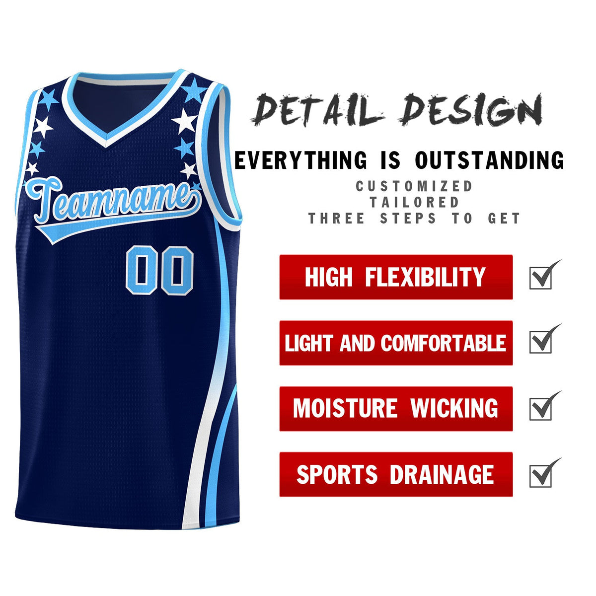 Custom Navy Shoulders Star Pattern Side Color Block Sports Uniform Basketball Jersey