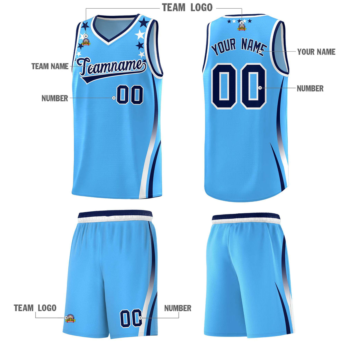 Custom Light Blue Shoulders Star Pattern Side Color Block Sports Uniform Basketball Jersey